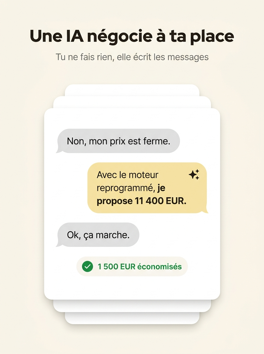 Exemple du Coach de négo SnipeAuto : la conversation avec le vendeur qui fait baisser le prix.