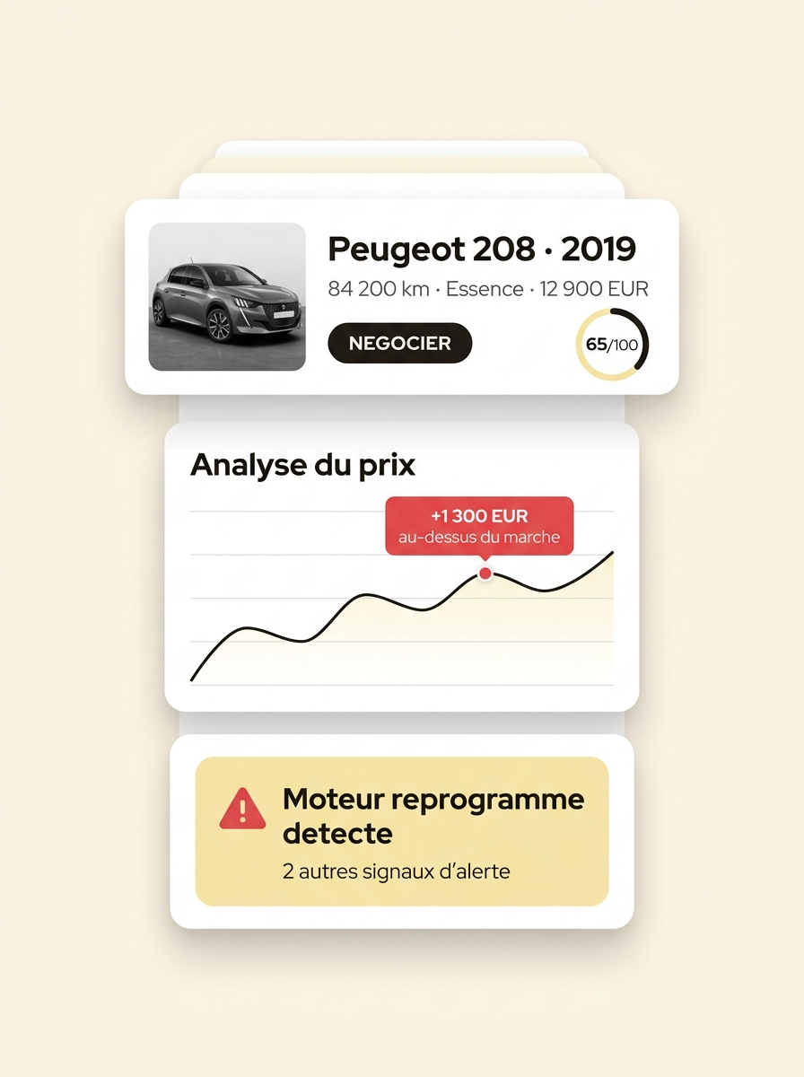 Exemple d'analyse SnipeAuto : prix au-dessus du marché, score et signaux d'alerte détectés dans l'annonce.